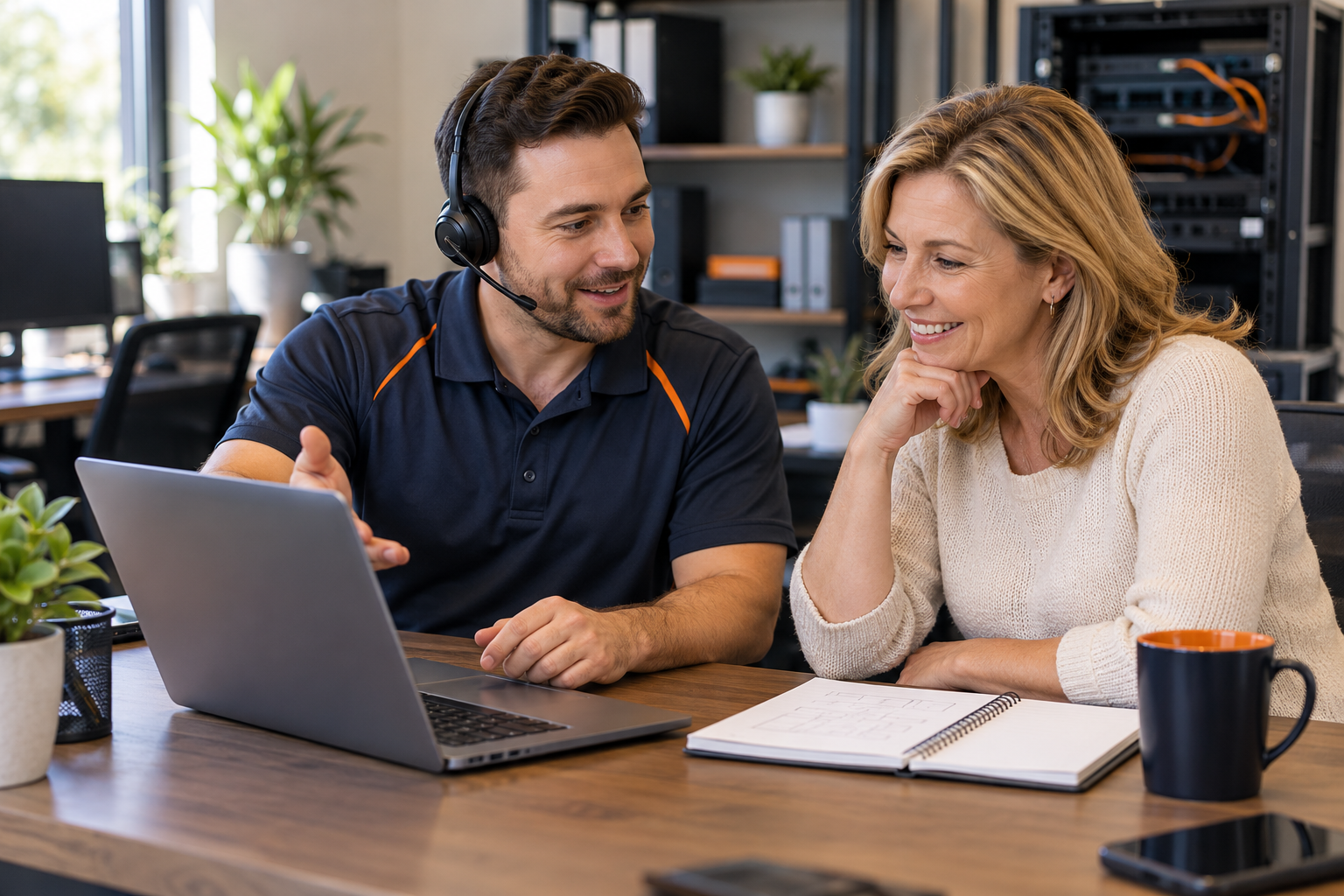Two coworkers smiling at a laptop in an office, with a notebook and coffee mug on the table.