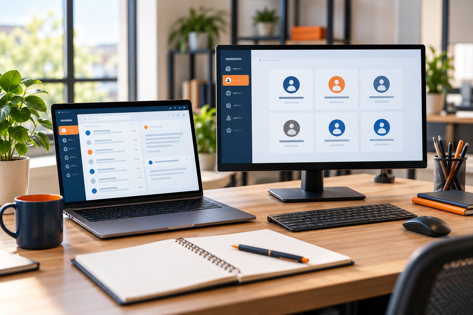 Desk with laptop and monitor showing a video meeting dashboard in a bright office
