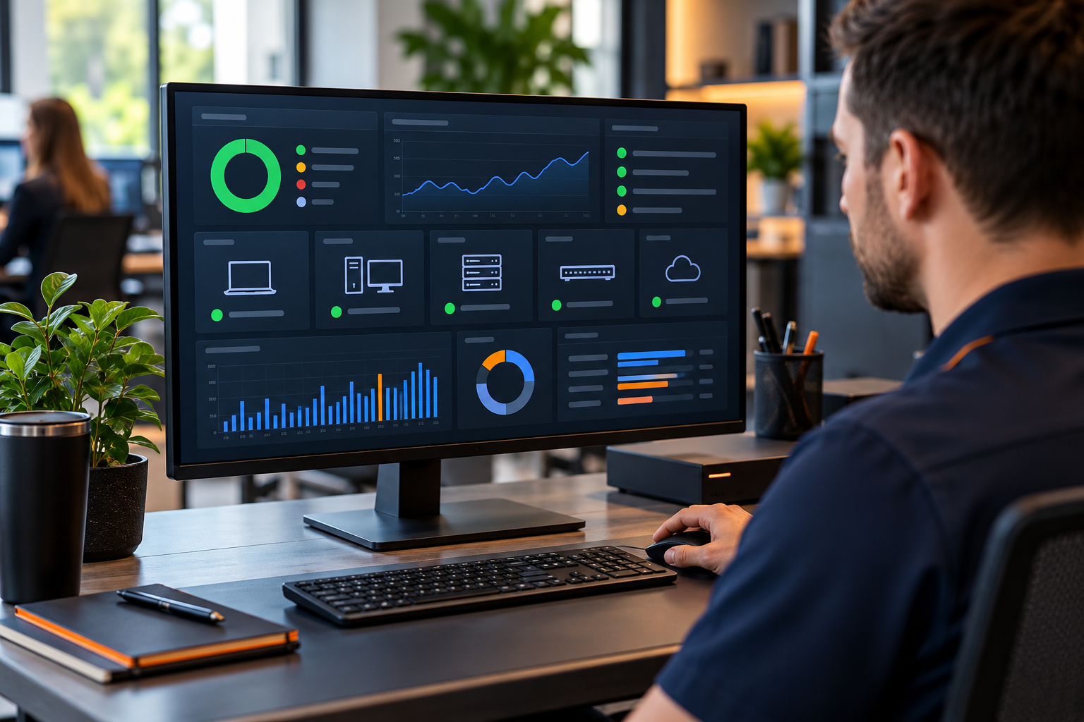Person viewing analytics dashboard on a desktop monitor in a modern office