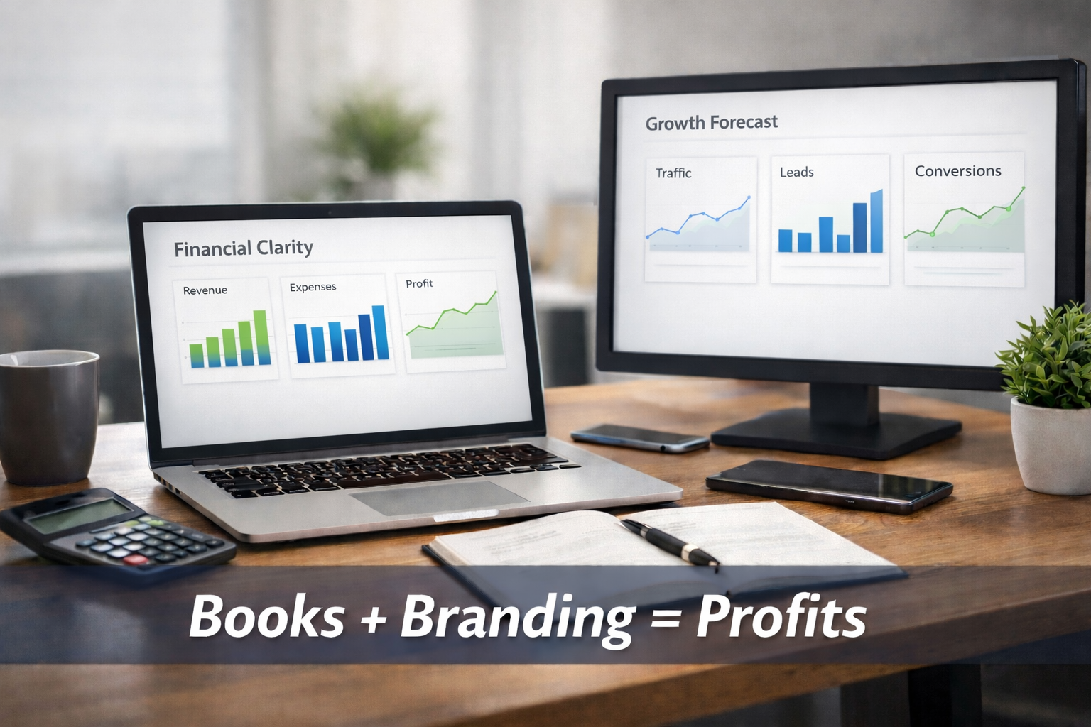 Desk with laptop and monitor displaying graphs and profitability and growth trends.