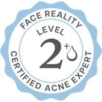 Face Reality Certified Acne Expert, level 2+ seal in blue and white.