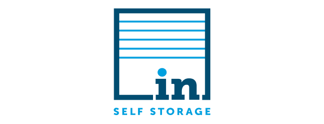 IN Self Storage logo in blue with stylized storage unit graphic