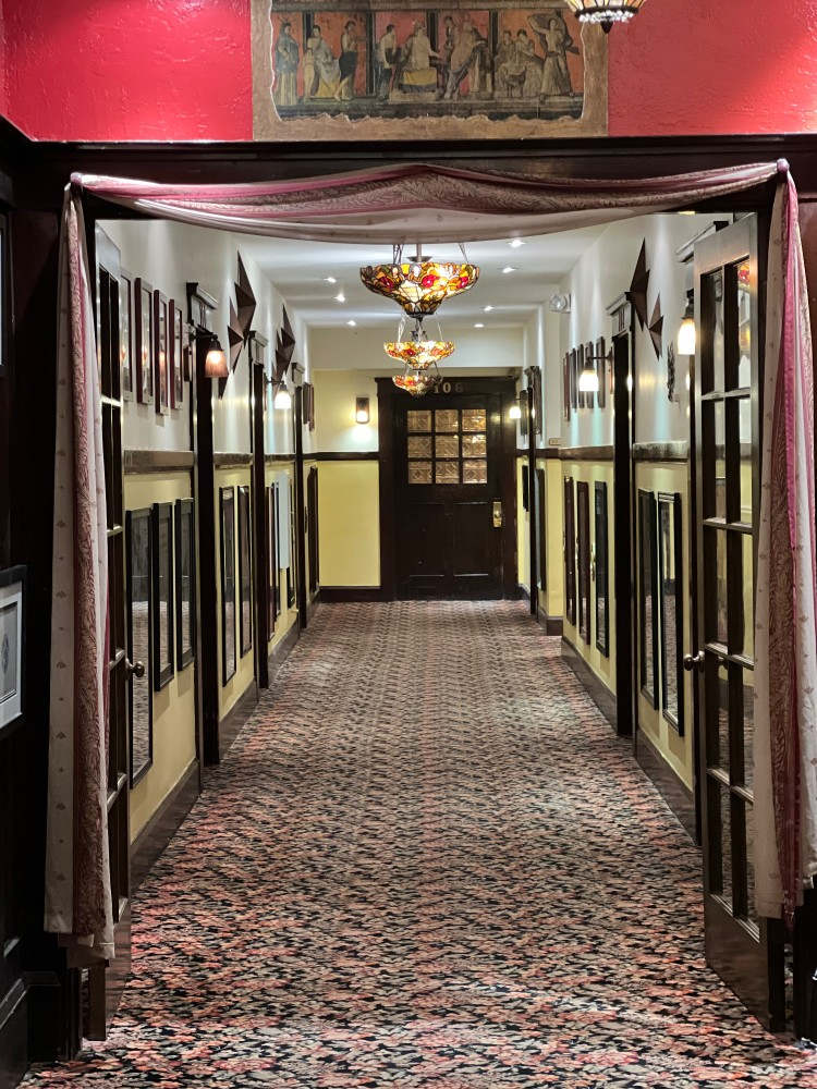 Hallway with framed art, patterned carpet, ornate lighting, and a dark wooden door.