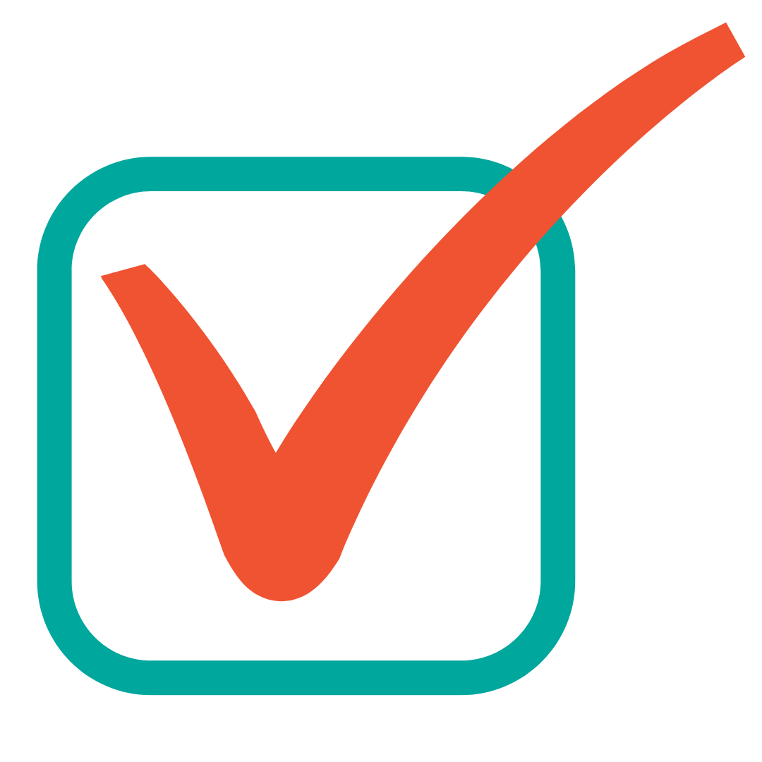 Teal rounded square with a red check mark inside