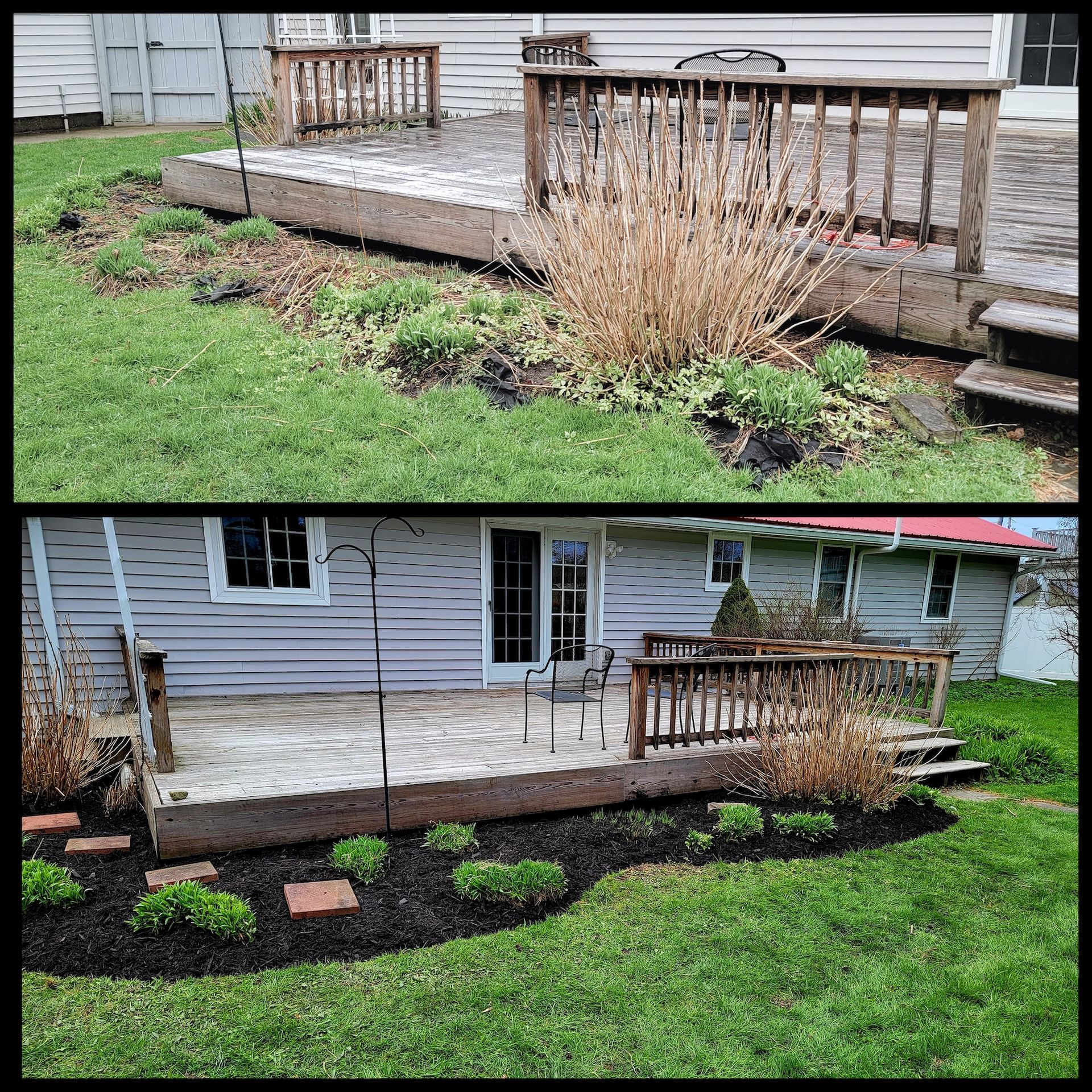 A before and after picture of a deck in a yard.