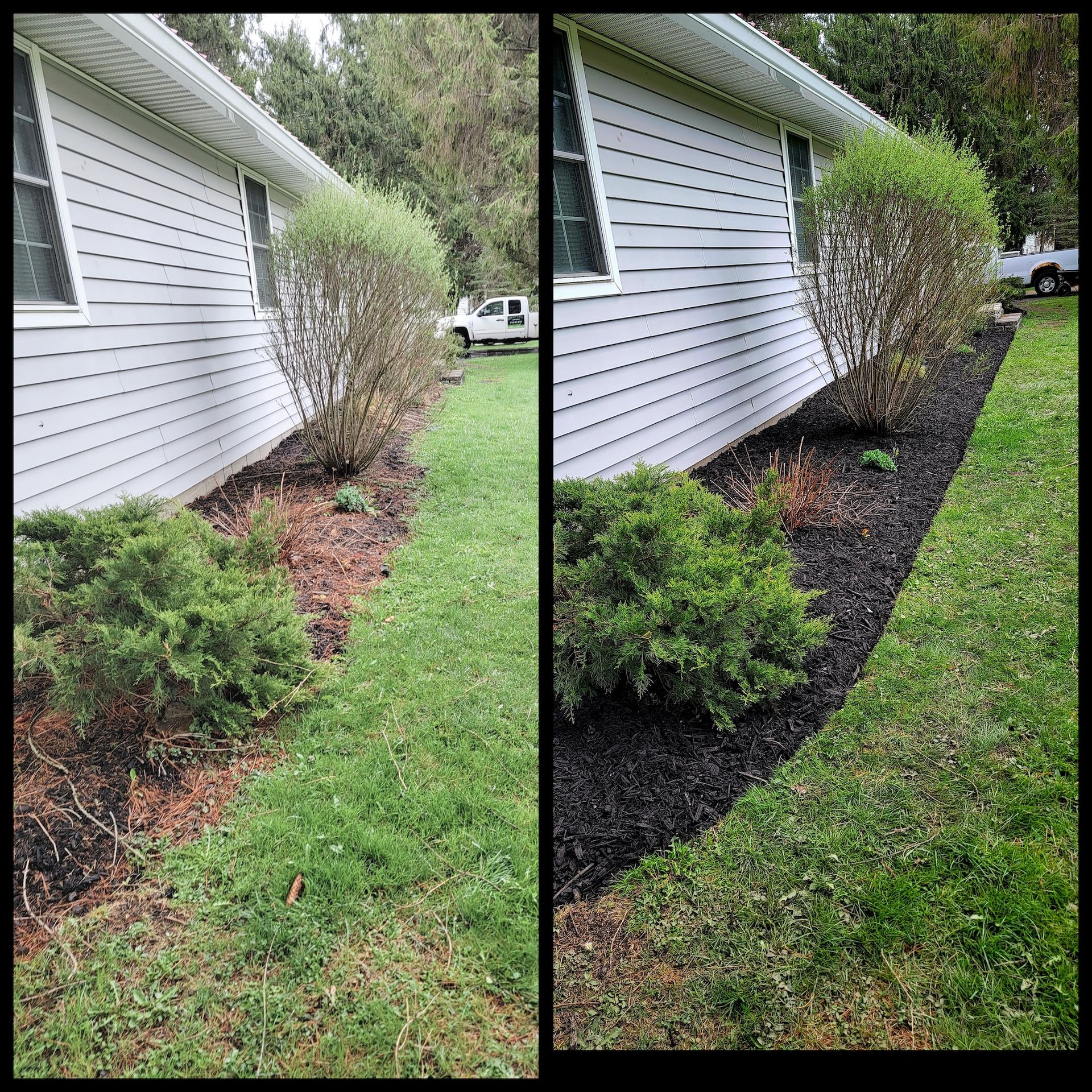 Two pictures of a house before and after being landscaped.