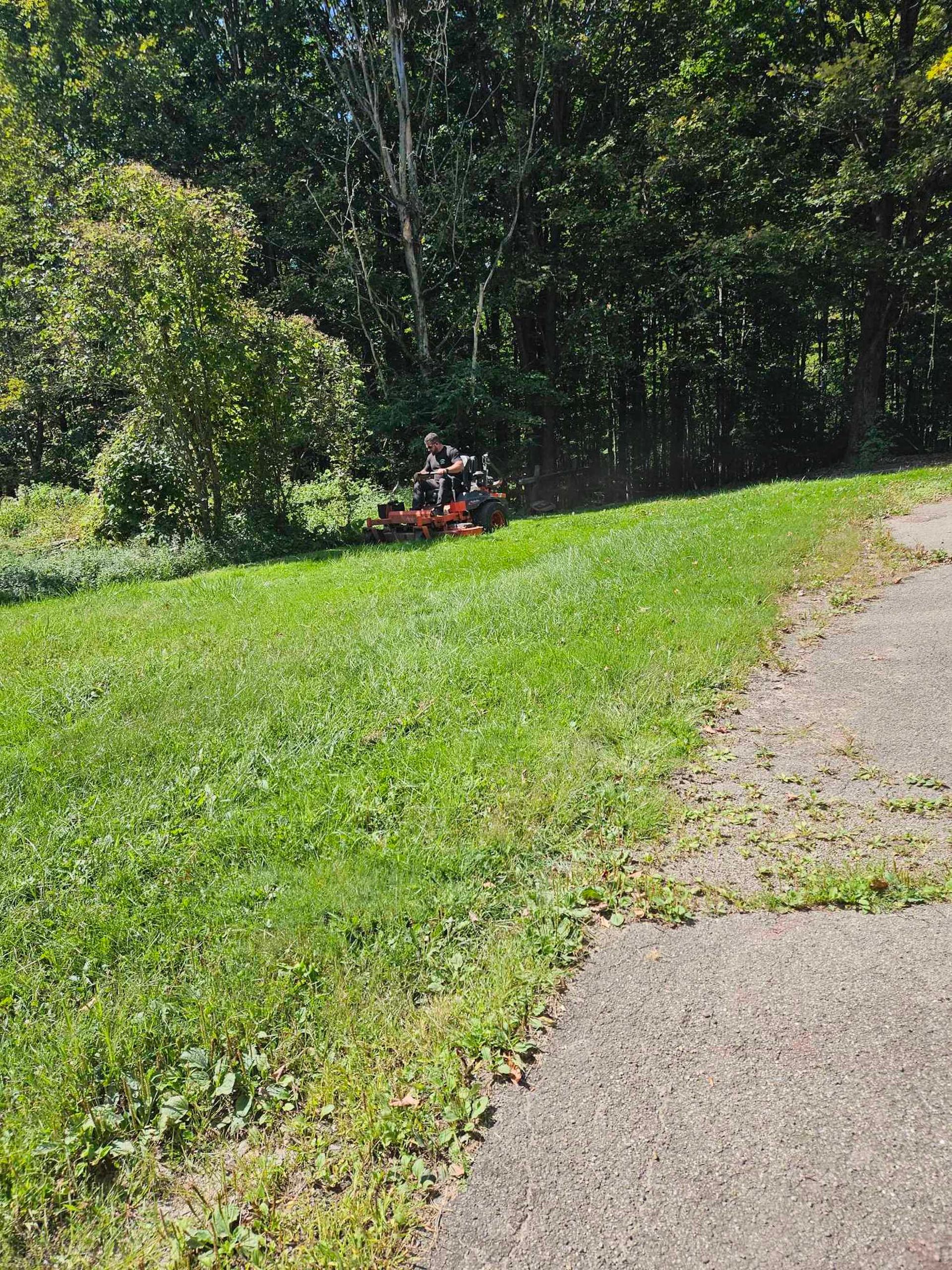 A person is mowing a lush green field next to a path.