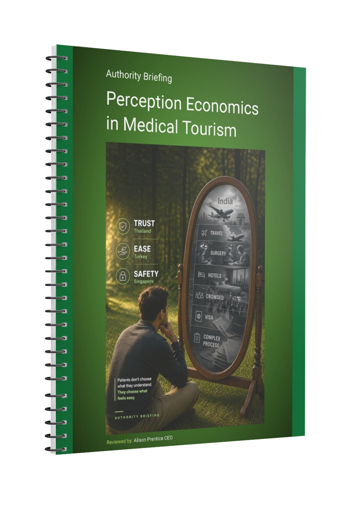 Green spiral-bound book titled “Perception Economics in Medical Tourism” with a person facing a mirror on the cover