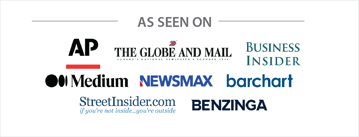 “As seen on” logo collage with AP, The Globe and Mail, Business Insider, Medium, Newsmax, and Benzinga