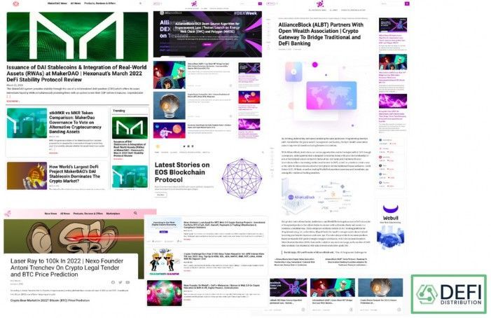 Collage of website pages with green, purple, and blue tech-themed graphics and a DeFi logo in the corner