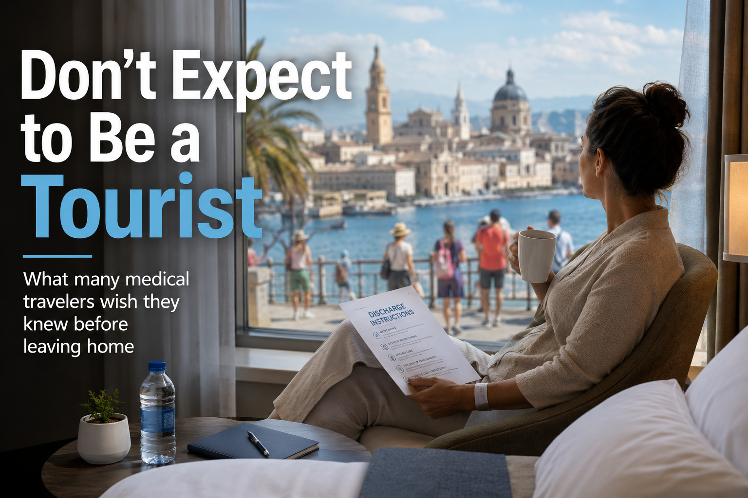 person in clinic looking out window at tourists