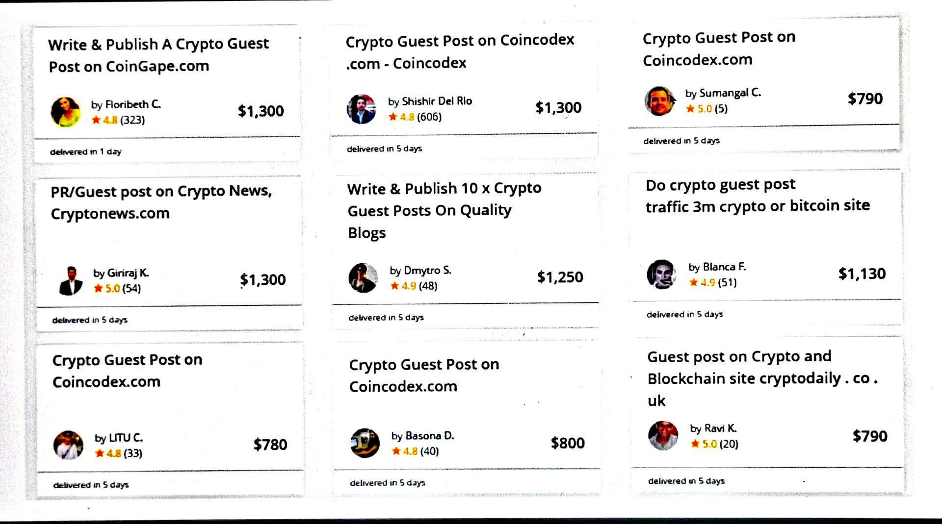 Crypto course marketplace grid with six white cards listing tutorials, avatars, ratings, and prices.