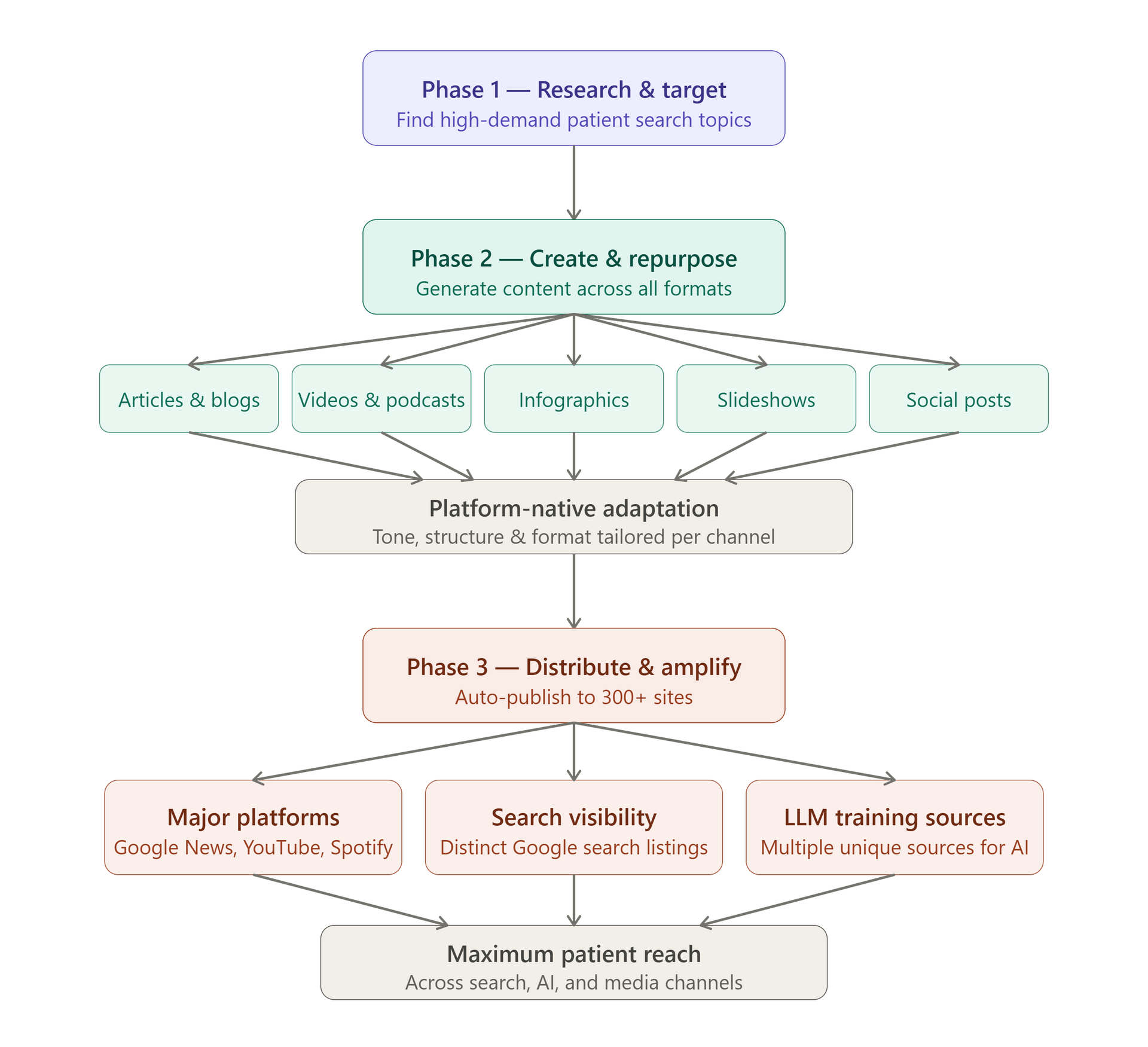 Flowchart of a three-phase platform strategy: research, co-create, then distribute and amplify.