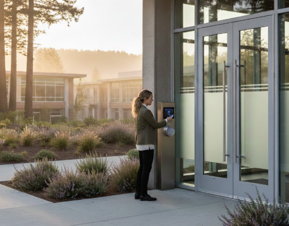 This is a picture of a lady using access control to enter an office building