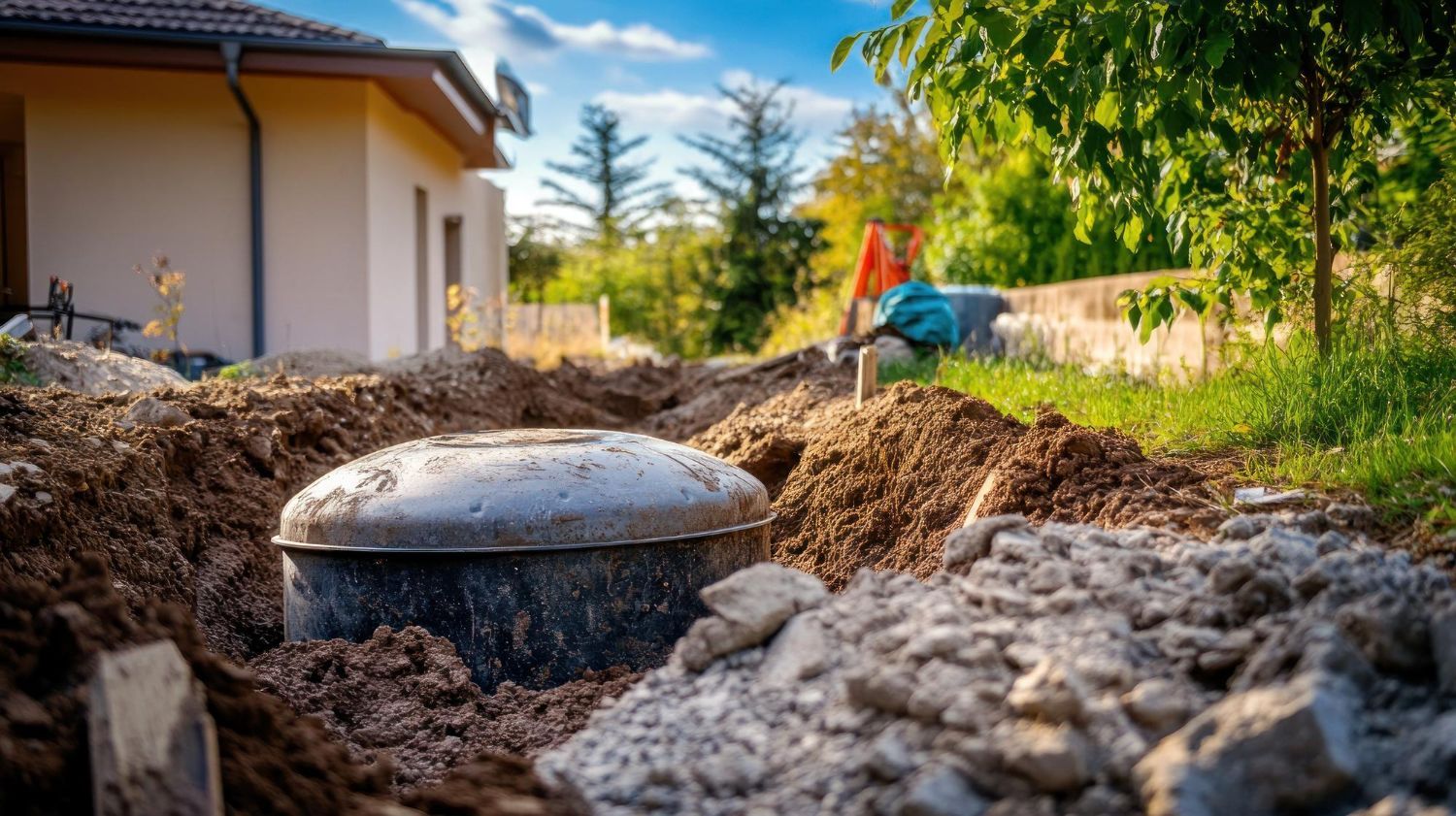 Buried round utility cover in a trench beside a house, with gravel, soil, and a garden in the background
