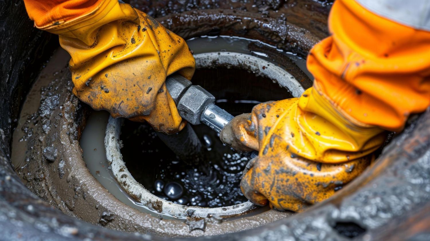Person in orange gloves connecting a hose to a sewage drain, surrounded by wastewater.