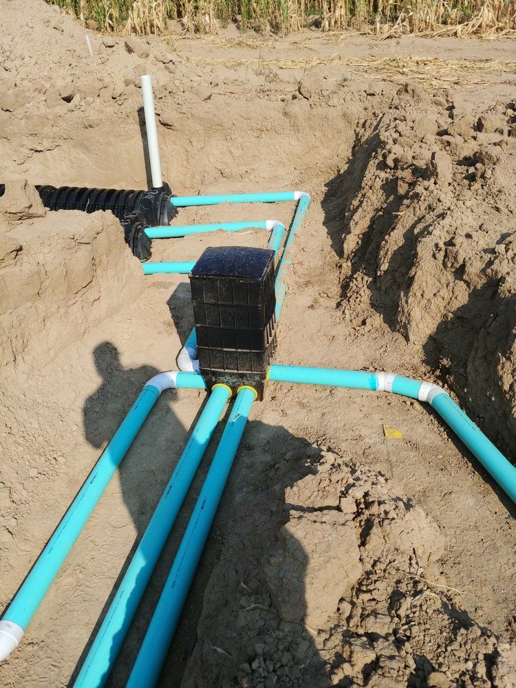 a bunch of blue pipes are laying in the dirt