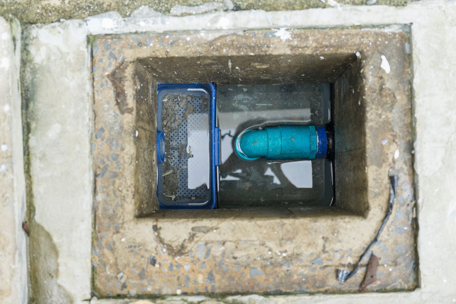 a blue pipe is coming out of a manhole cover .