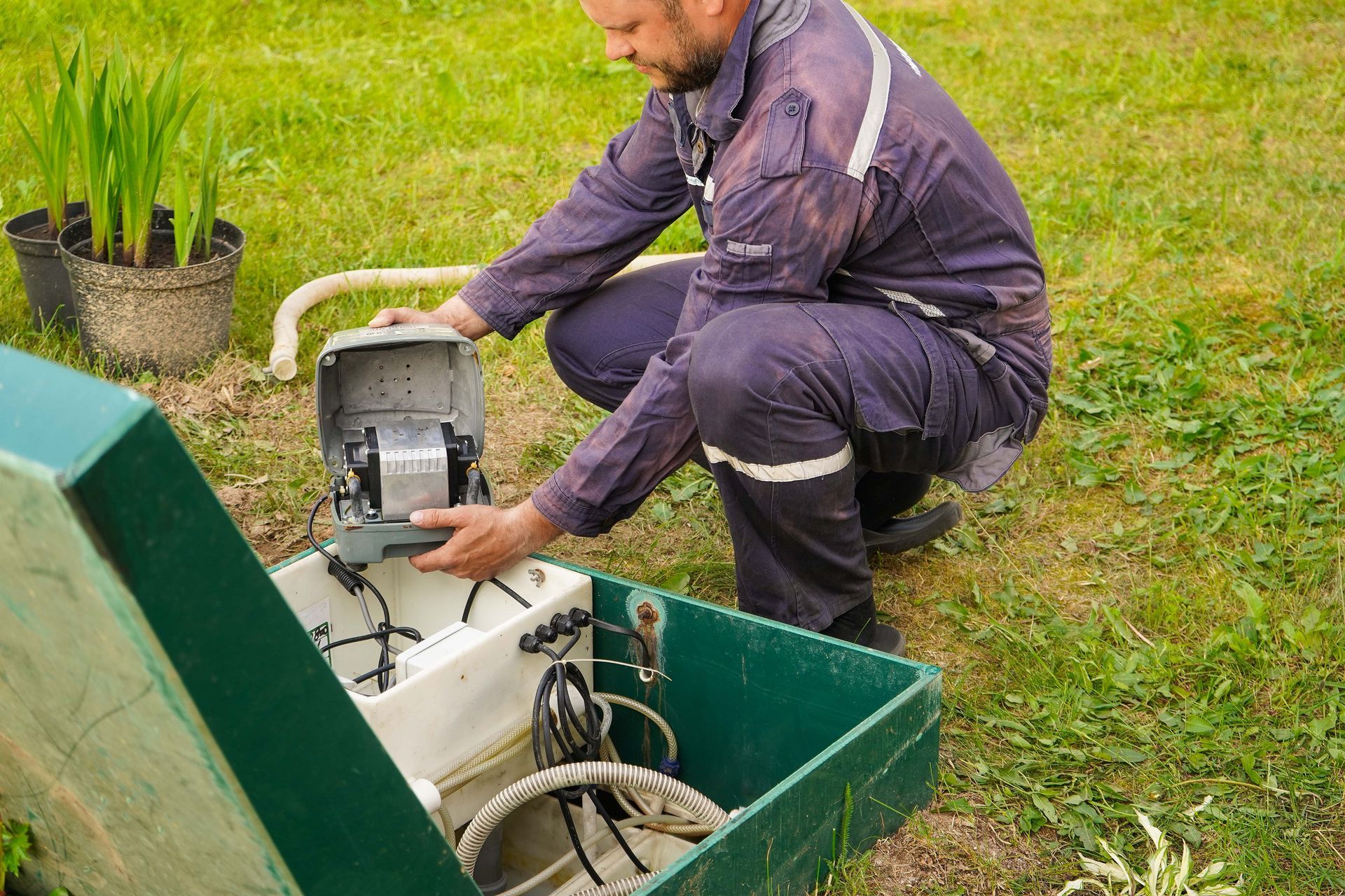 a man is kneeling down in front of a septic tank .