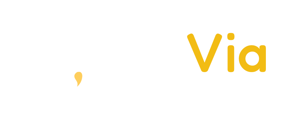 Texte « Via » jaune sur fond blanc avec une petite icône d'épingle de carte jaune