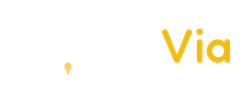 Texte « Via » jaune sur fond blanc avec une petite icône d'épingle de carte jaune