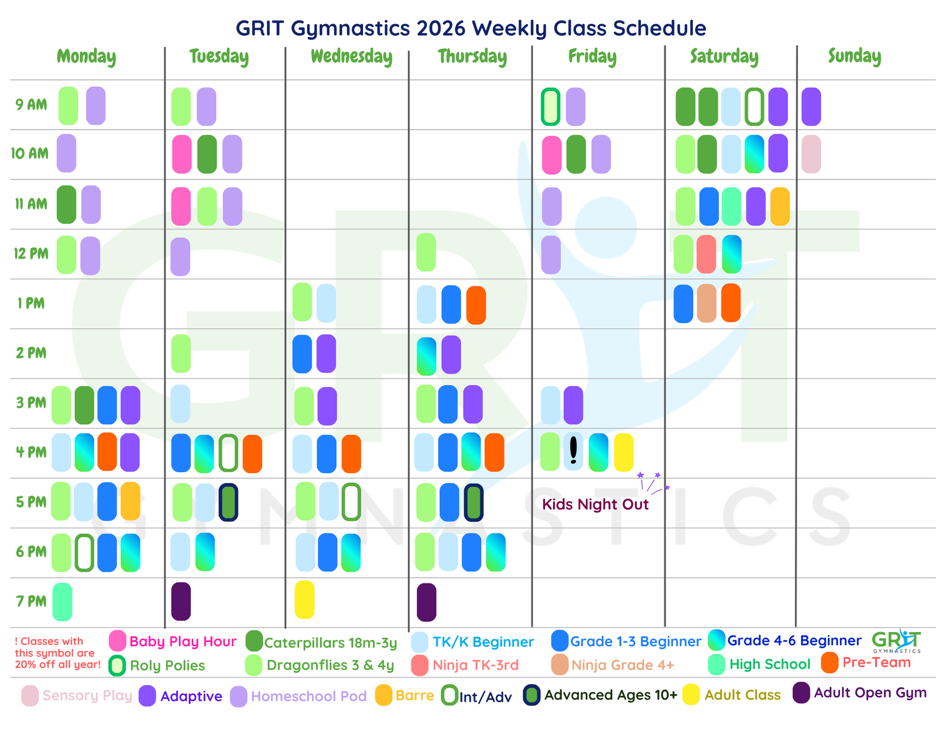 Weekly class schedule for GRIT Gymnastics in 2026, with times and class types.