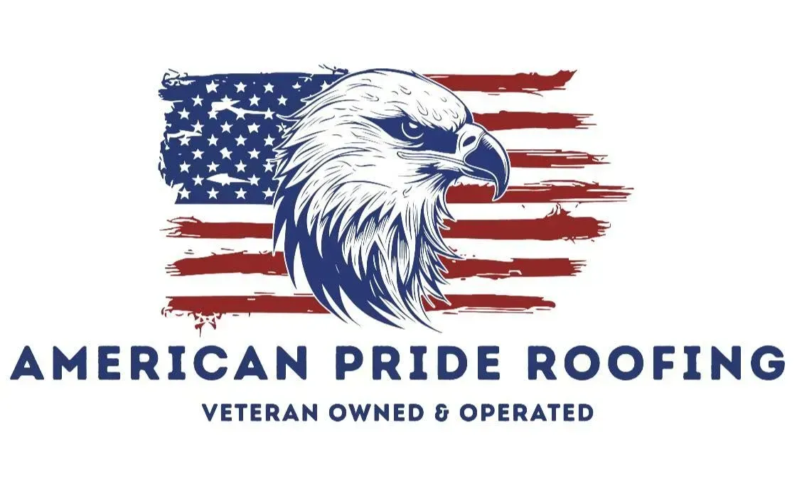 American Pride Roofing logo with bald eagle over a distressed American flag and blue text
