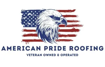 American Pride Roofing logo with bald eagle over a distressed American flag and blue text