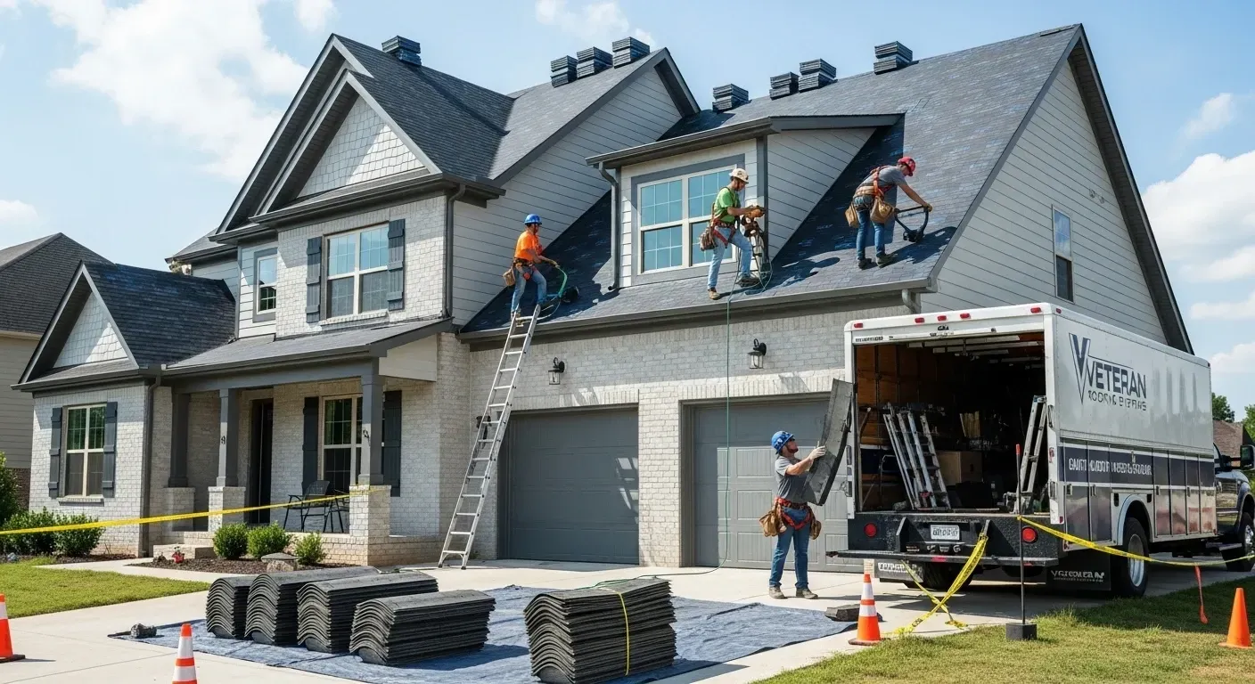 Roofers working on a gray two-story house with a ladder and truck in the driveway.