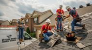 Roofing crew repairing a shingle roof on a suburban house, with tools and a ladder visible.
