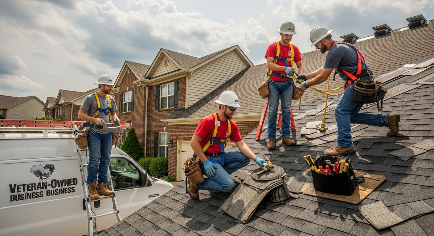 Roofing crew repairing a shingle roof on a suburban house, with tools and a ladder visible.