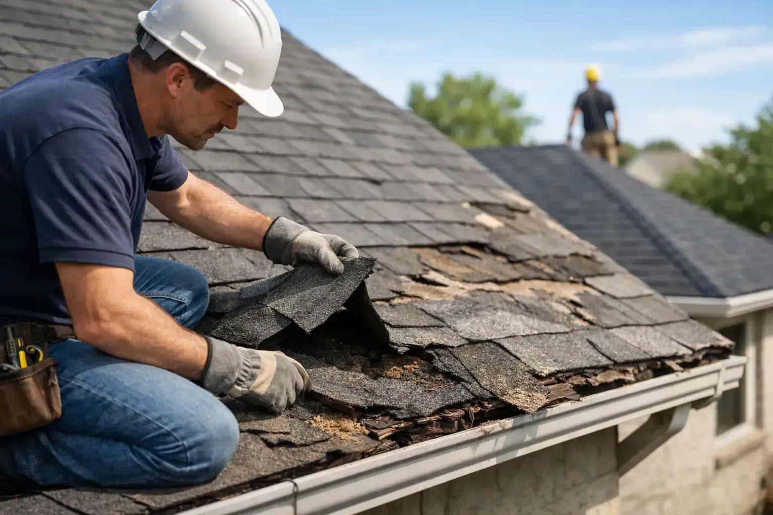 Worker replacing damaged shingles on a roof while another stands in the background