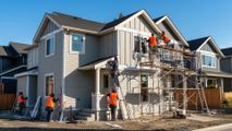 Construction workers on scaffolding painting the exterior of a new suburban house