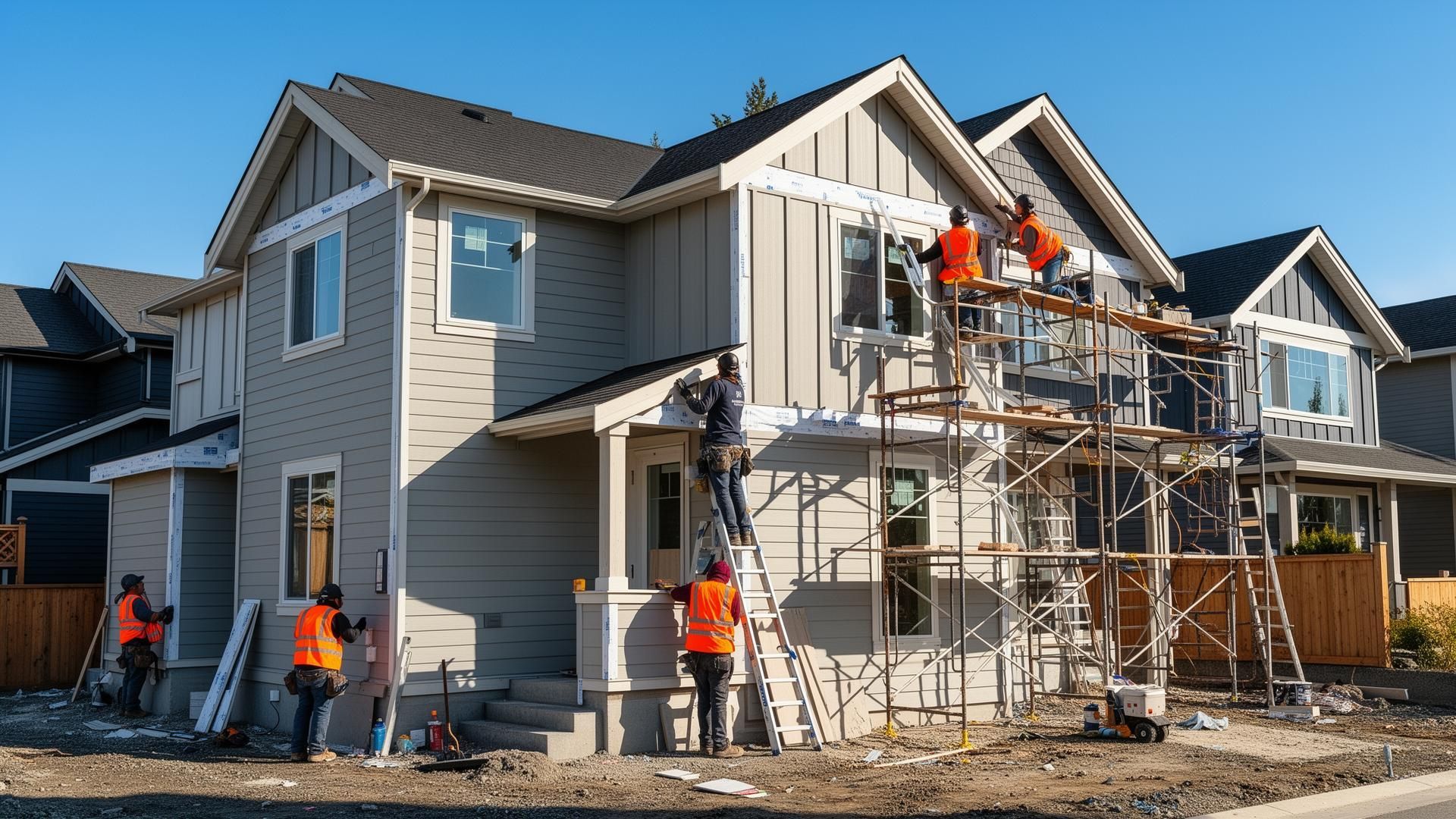 Construction workers on scaffolding painting the exterior of a new suburban house