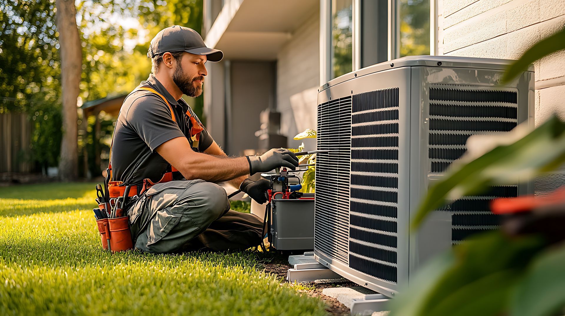 HVAC technician performing maintenance on an outdoor air conditioning unit. HVAC technician performing maintenance on an outdoor air conditioning unit.
