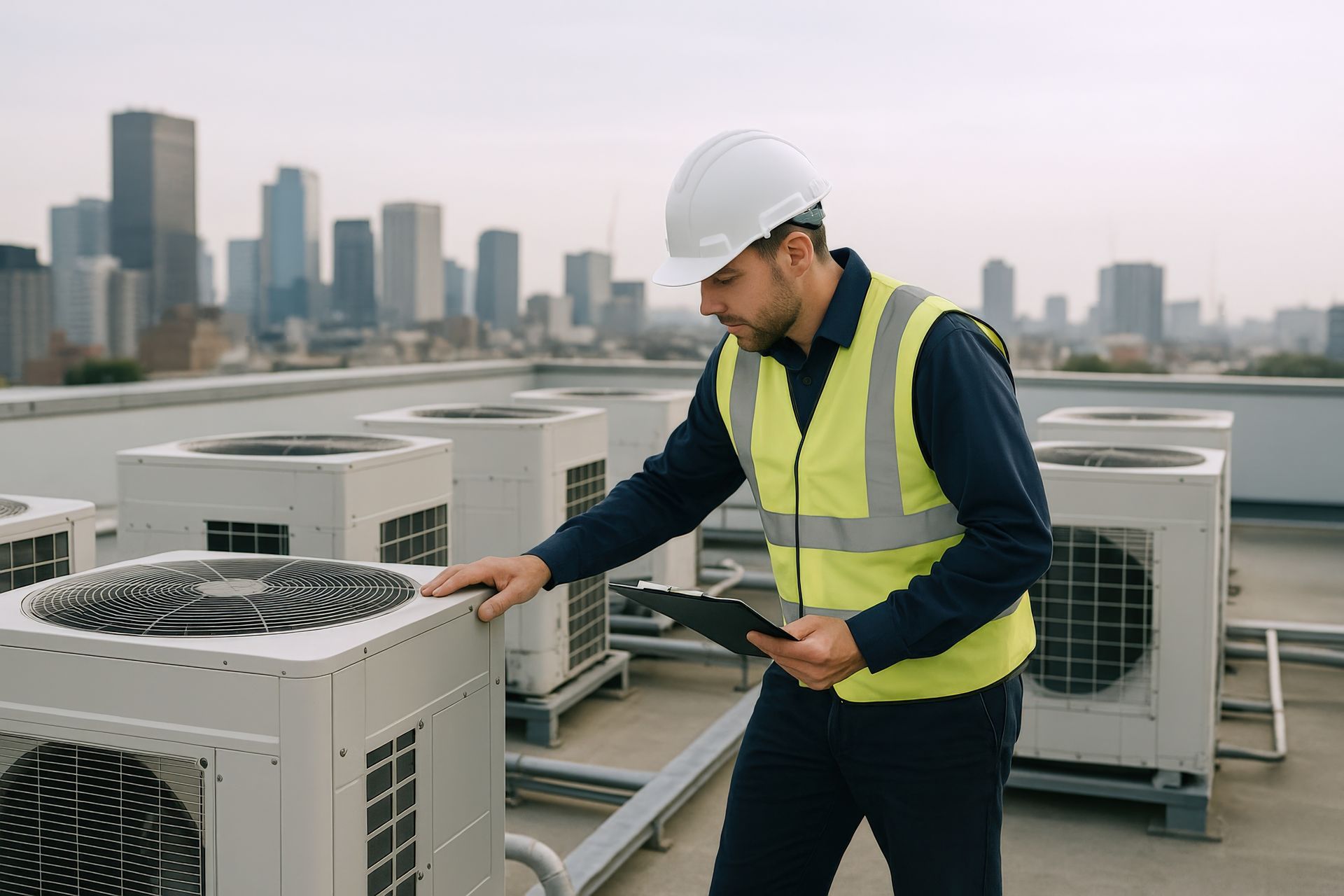 HVAC technician inspecting air conditioning units on a commercial rooftop with city skyline backdrop. HVAC technician inspecting air conditioning units on a commercial rooftop with city skyline backdrop.