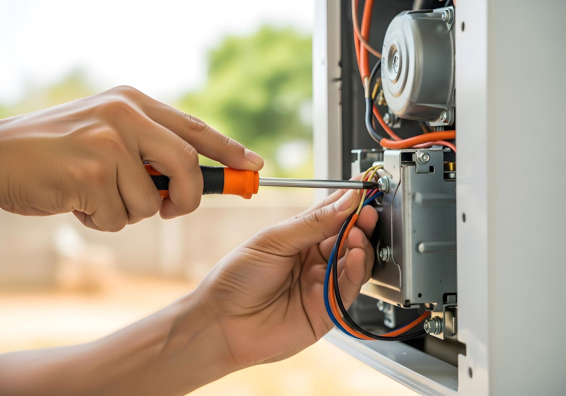 Close-up of an HVAC contractor using a screwdriver to fix a complex furnace control board. Close-up of an HVAC contractor using a screwdriver to fix a complex furnace control board.