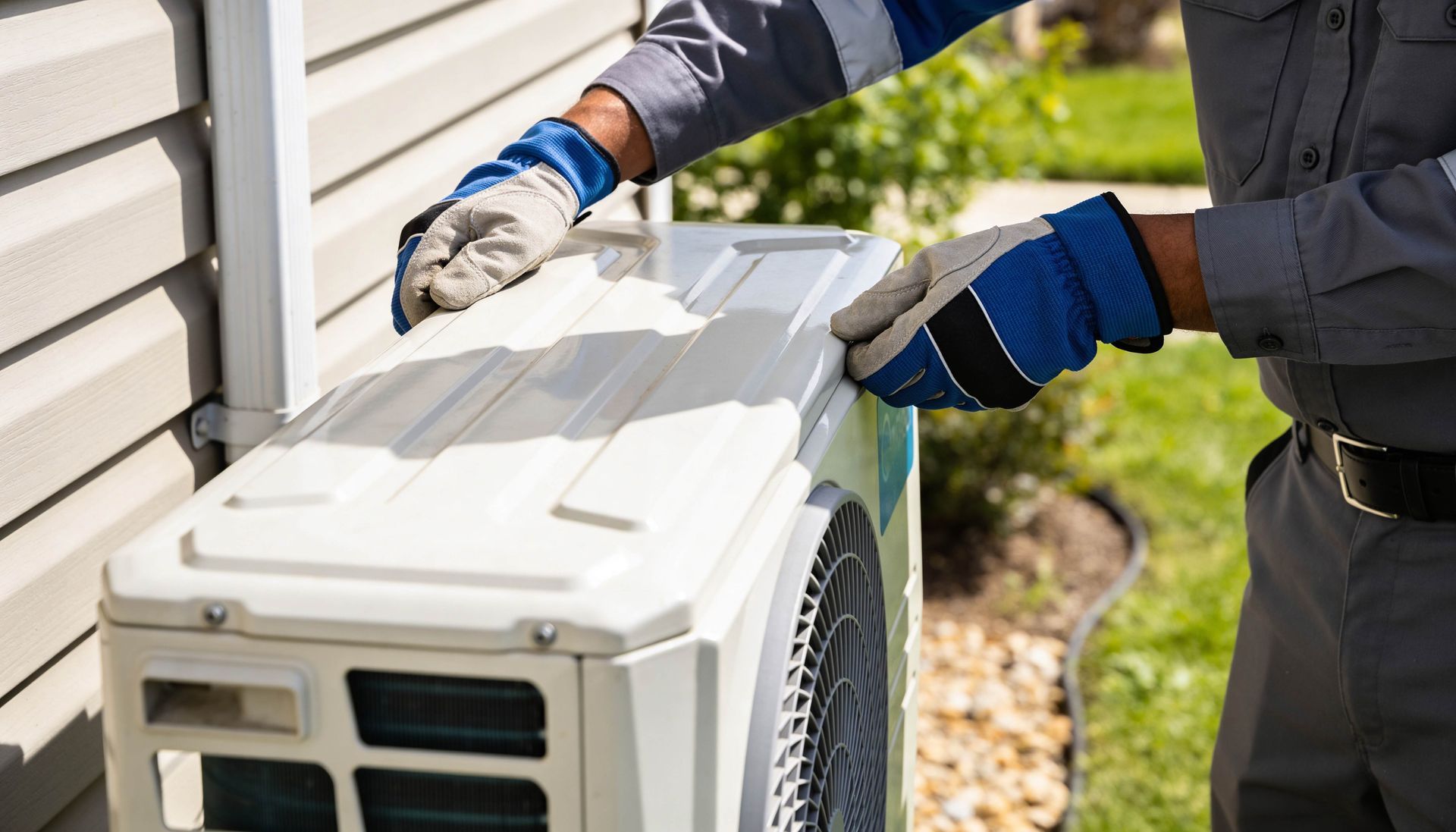 HVAC repair contractor inspecting and maintaining exterior AC condenser units. HVAC repair contractor inspecting and maintaining exterior AC condenser units.