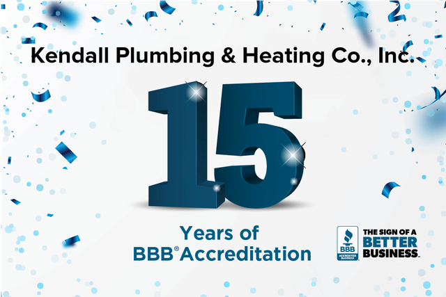 Kendall Plumbing & Heating Co., Inc. 15 Years of BBB Accreditation logo with blue confetti