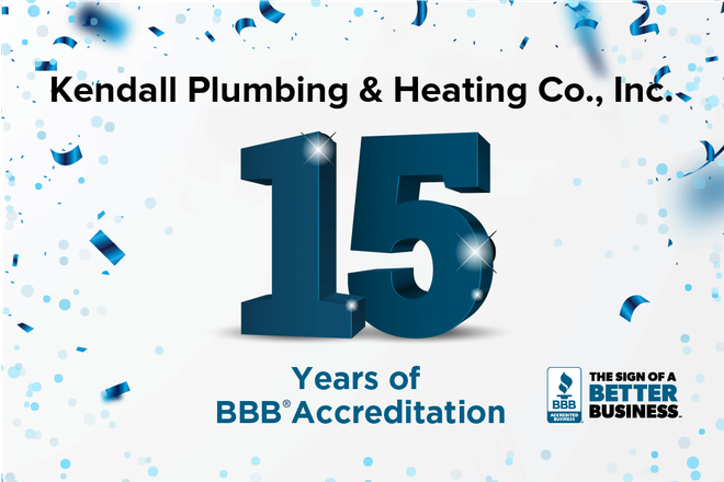 Kendall Plumbing & Heating Co., Inc. 15 Years of BBB Accreditation logo with blue confetti