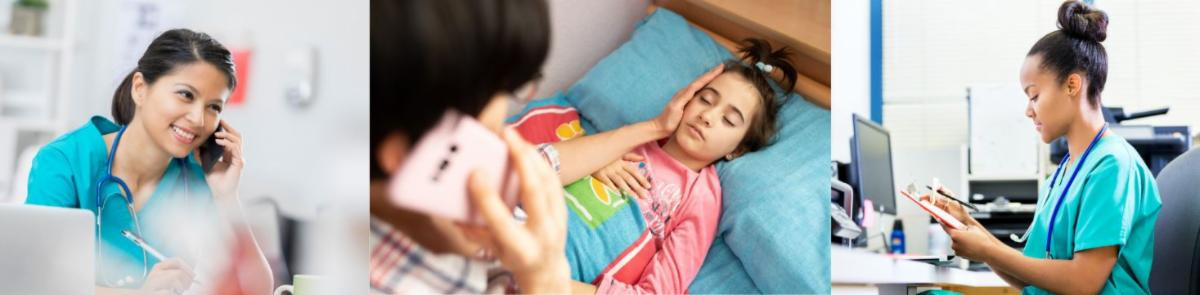 Nurse checking a patient’s blood pressure, a child resting in bed, and a nurse using a computer in a clinic