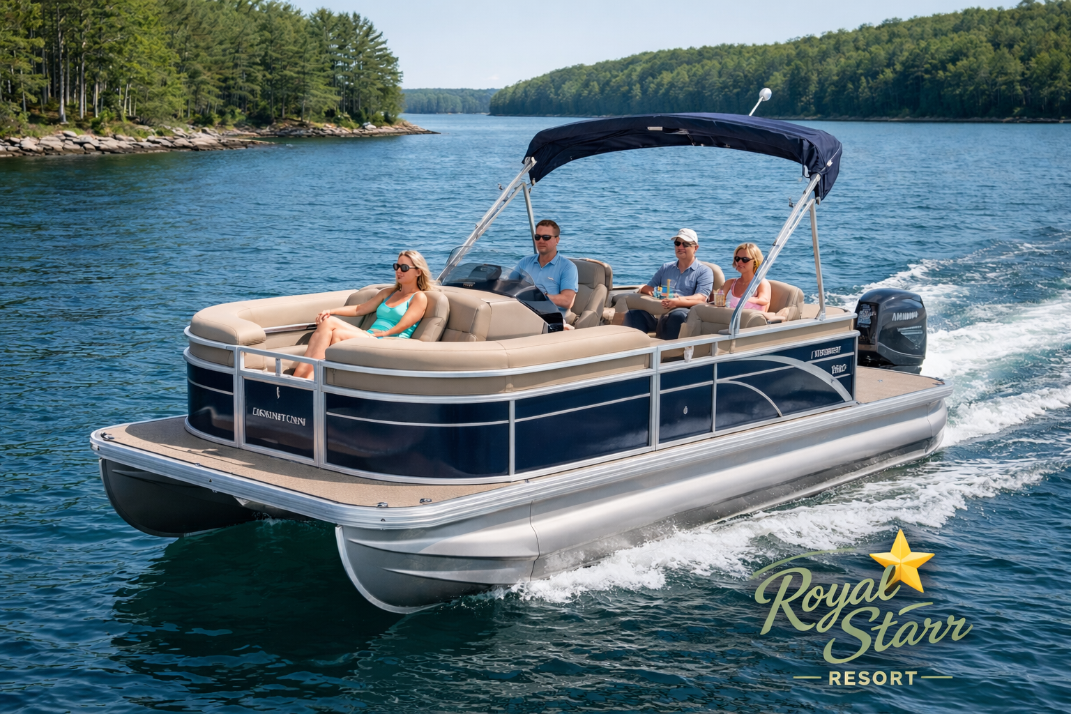 Pontoon boat cruising on a lake with four people aboard, green forested shoreline in the background.