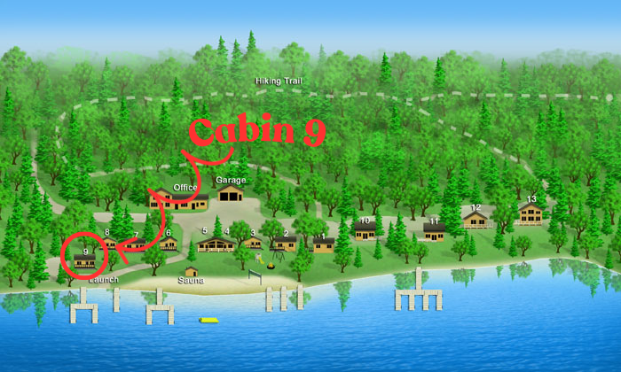 Colorful map of a lakeside cabin resort with labeled Cabin 9 and surrounding trees, paths, docks, and boats