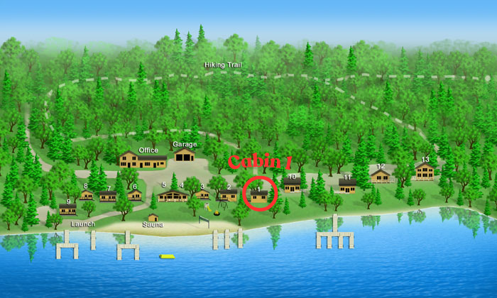 Lakeside campground map with cabins, trees, docks, and a highlighted spot near the shore