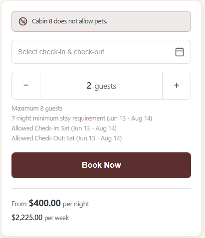 Vacation rental booking widget with check-in/out dates, 2 guests, book now button, and price from $400 per night