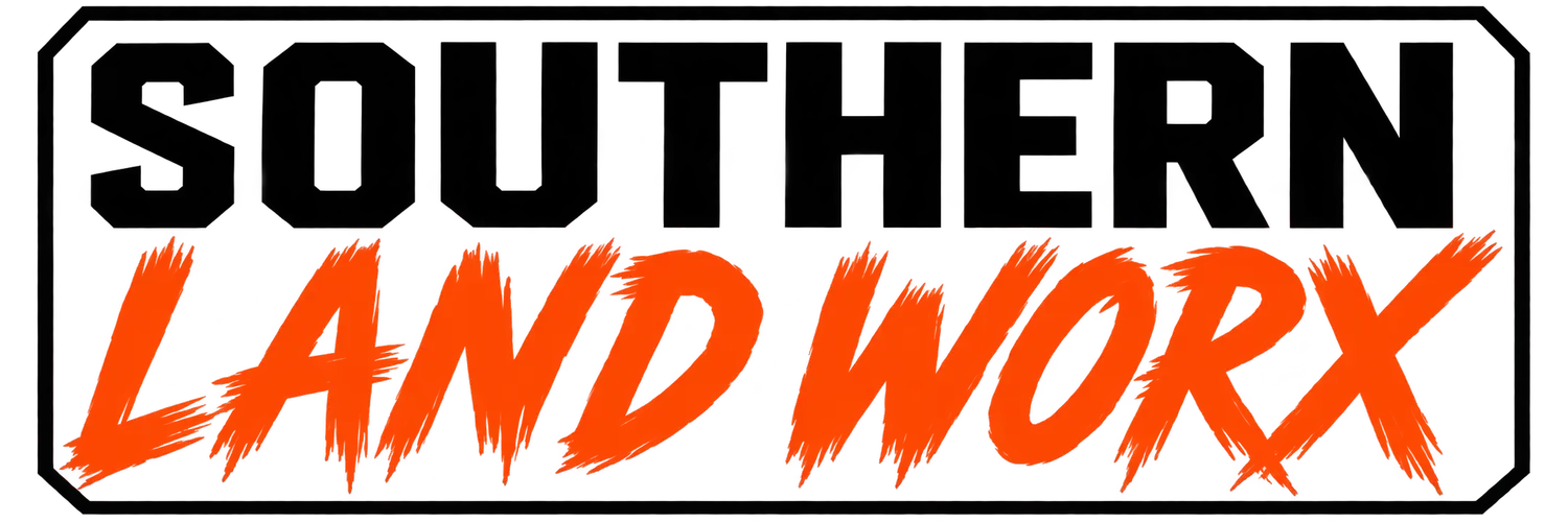 Southern Land Worx logo in black and orange, with a gray bulldozer silhouette above the text