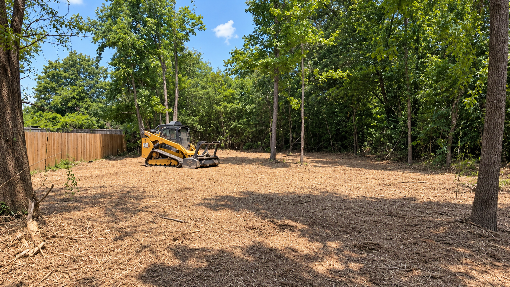 Yellow skid steer in a cleared wooded yard with trees and a wooden fence in the background