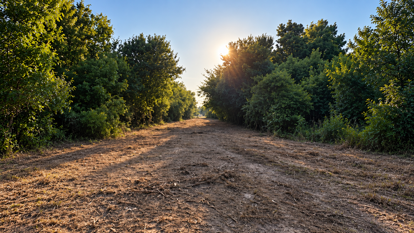 Sunlit dirt road leading through dense green trees at sunset