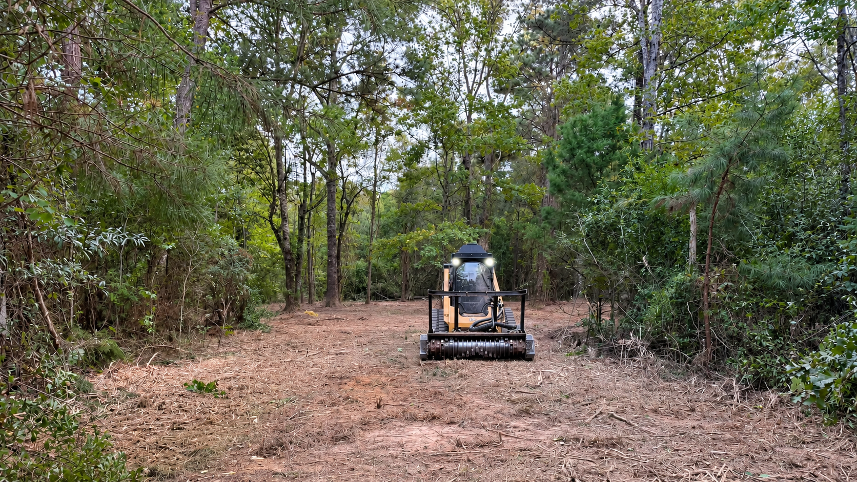 Small bulldozer clearing a leaf-covered forest trail between dense green trees