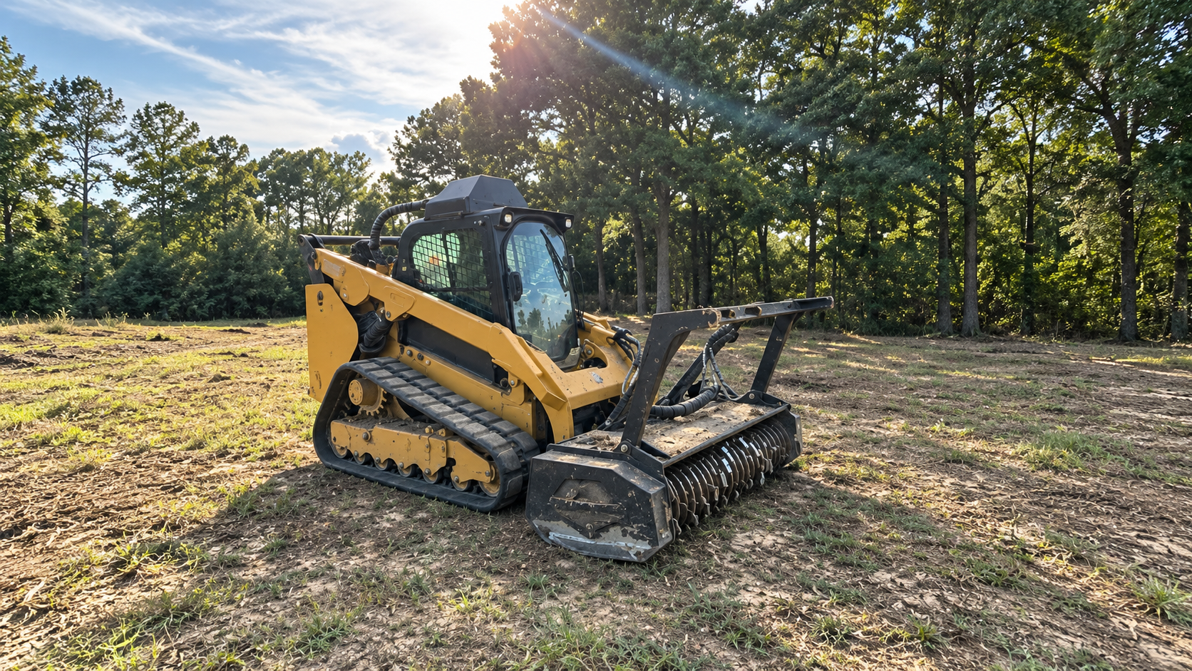 Yellow skid steer parked on a grassy clearing near trees in bright sunlight